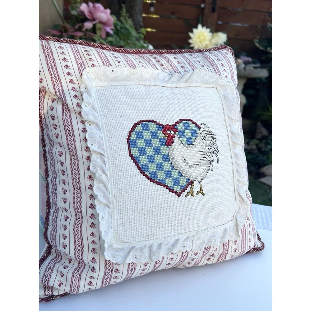 Vintage Handmade Rooster Cross Stitch Pillow 12x12 Cottagecore Farmhouse Decor